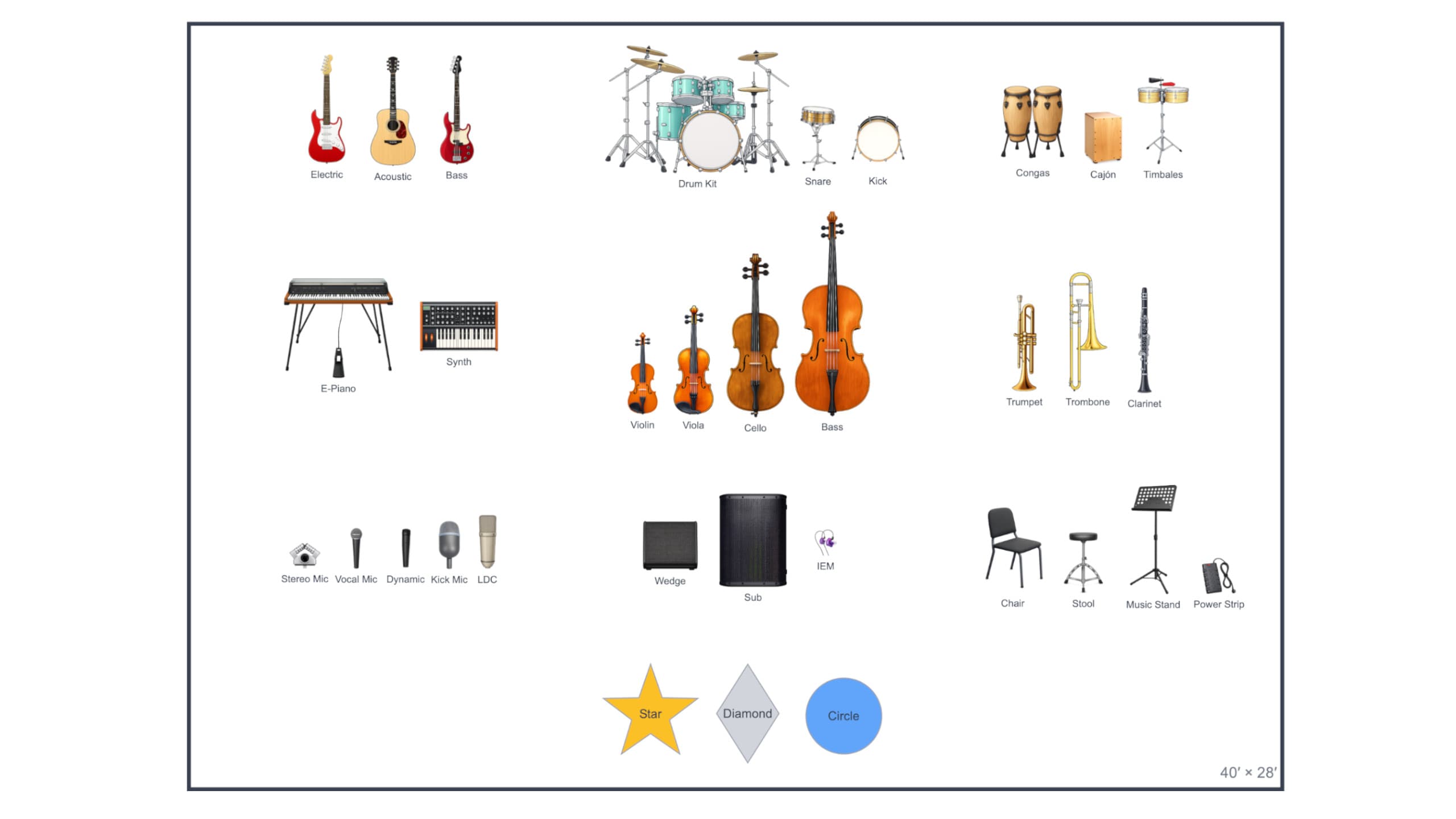 A grid of ProRider's stage-plot icons